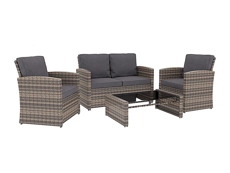 Salottino Da Giardino in Rattan Set Mobili 4 Posti Tavolino Ripiano In Vetro Divano 2 Posti 2 Poltrone Terrazzo Balcone Piscina Cuscini Marrone Chiaro