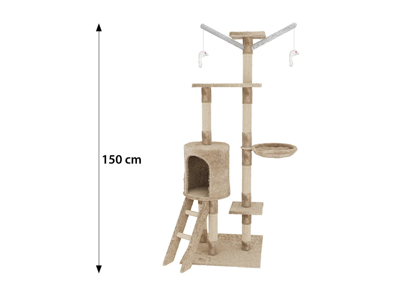 Albero per Gatto con Graffiatoio Cuccia Giocattolo Gatti Parco Giochi Tiragraffi in Sisal Naturale 150 x 50 x 35 cm (Colore Beige Matis 30060)