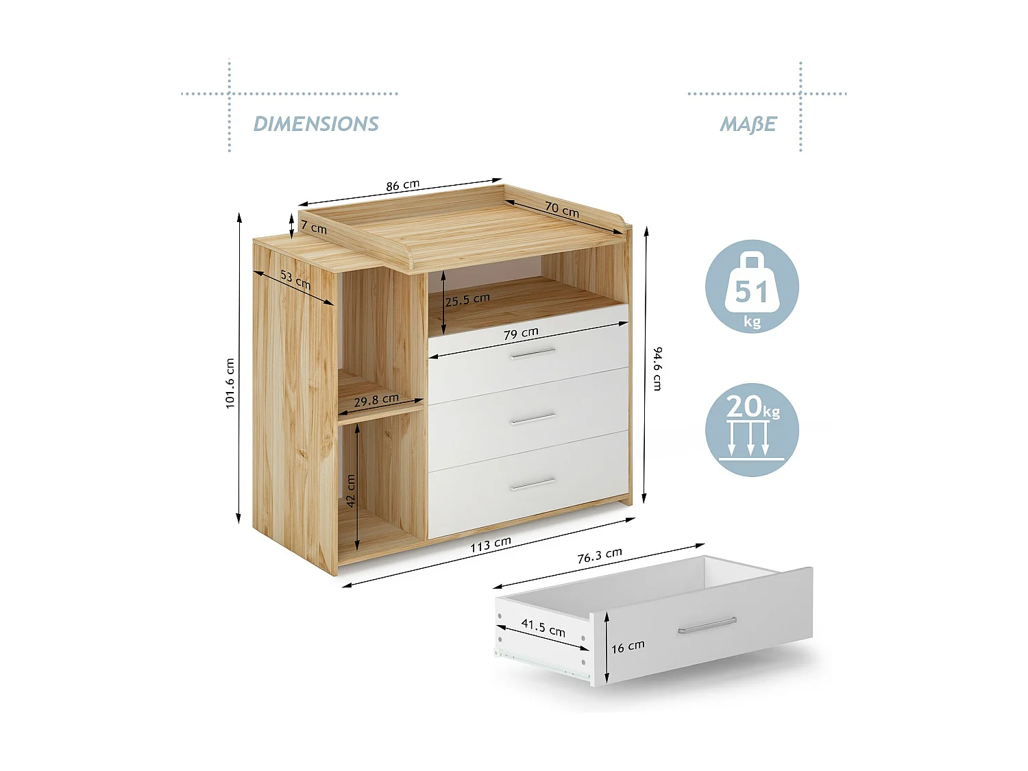Floraya - Commode - Verschoontafel - Luiertafel - Wit/Hout