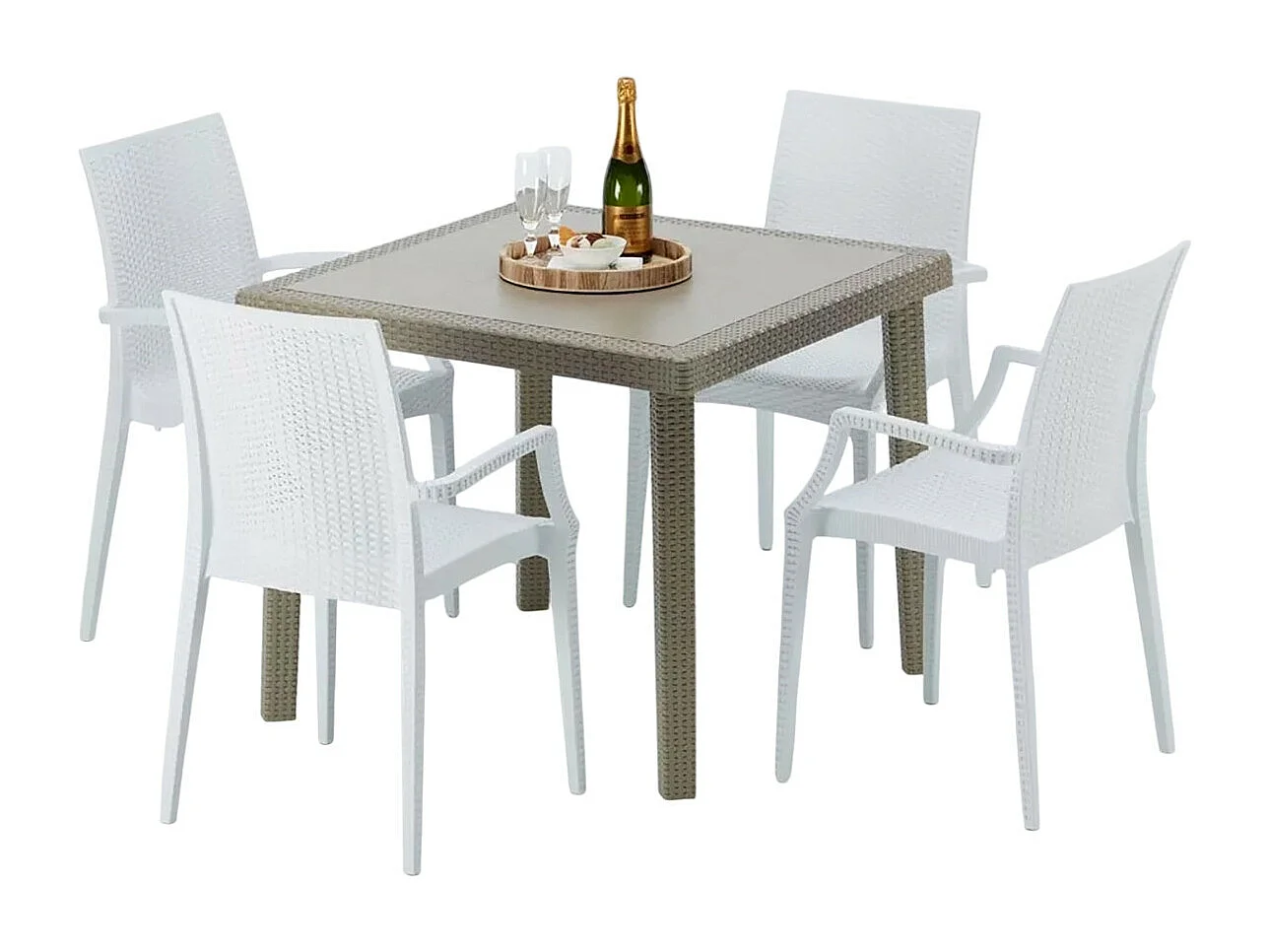 Polyrattan Tisch Quadratisch mit 4 Bunten Stühlen 90x90 Beige Elegance