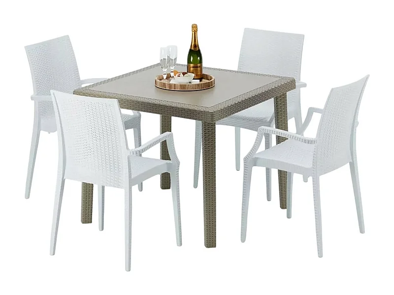 Polyrattan Tisch Quadratisch mit 4 Bunten Stühlen 90x90 Beige Elegance