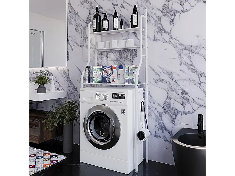 Scaffale Bagno 3 Mensole Ripiano Superiore Mobile Sopra Lavatrice Lavanderia Salvaspazio Ripiani Organizer Da Parete In Metallo 152x65x25 Cm Bianco