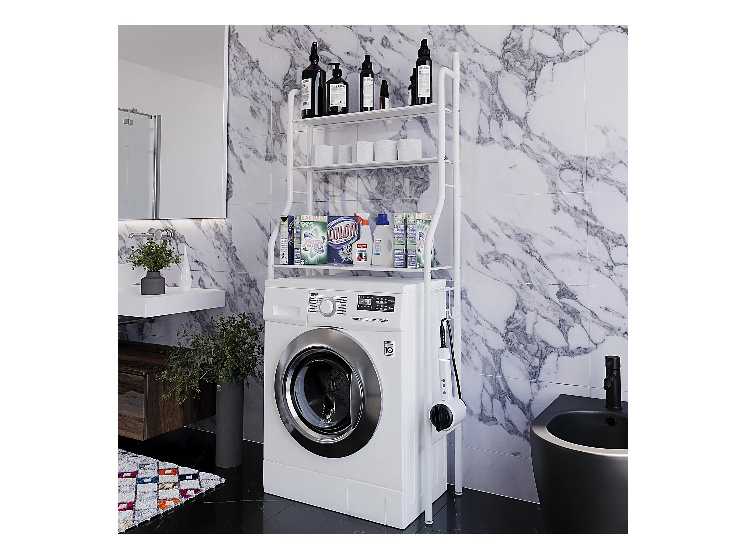 Scaffale Bagno 3 Mensole Ripiano Superiore Mobile Sopra Lavatrice Lavanderia Salvaspazio Ripiani Organizer Da Parete In Metallo 152x65x25 Cm Bianco