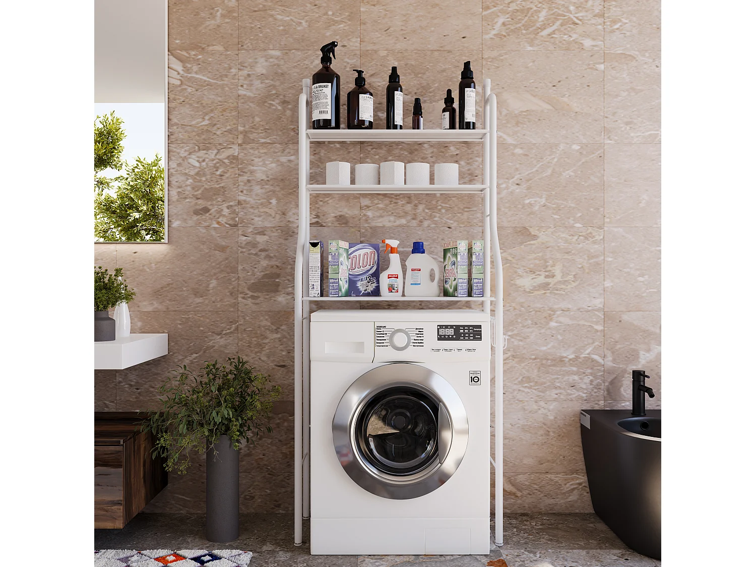 Scaffale Bagno 3 Mensole Ripiano Superiore Mobile Sopra Lavatrice Lavanderia Salvaspazio Ripiani Per Appoggio Organizer Da Parete In Metallo 152 x 65 x 25 Cm Bianco