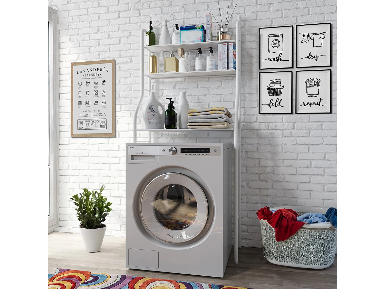 Scaffale Bagno 3 Mensole Ripiano Superiore Mobile Sopra Lavatrice Lavanderia Salvaspazio Ripiani Per Appoggio Organizer Da Parete In Metallo 152 x 65 x 25 Cm Bianco