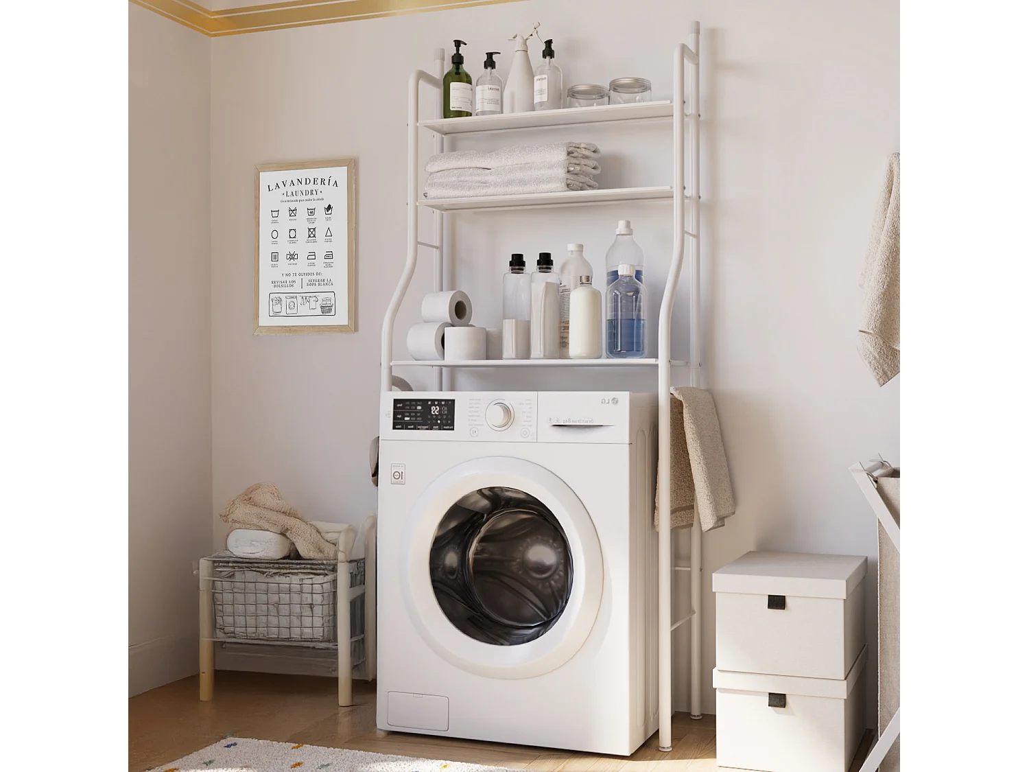 Scaffale Bagno 3 Mensole Ripiano Superiore Mobile Sopra Lavatrice Lavanderia Salvaspazio Ripiani Per Appoggio Organizer Da Parete In Metallo 152 x 65 x 25 Cm Bianco