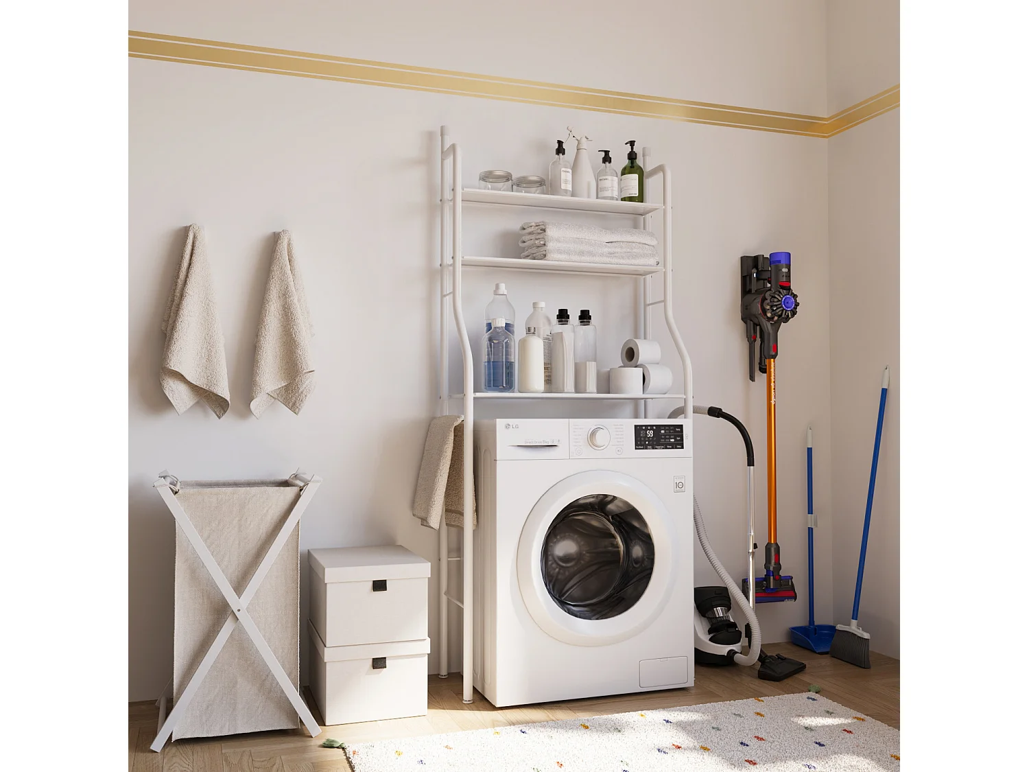 Scaffale Bagno 3 Mensole Ripiano Superiore Mobile Sopra Lavatrice Lavanderia Salvaspazio Ripiani Per Appoggio Organizer Da Parete In Metallo 152 x 65 x 25 Cm Bianco