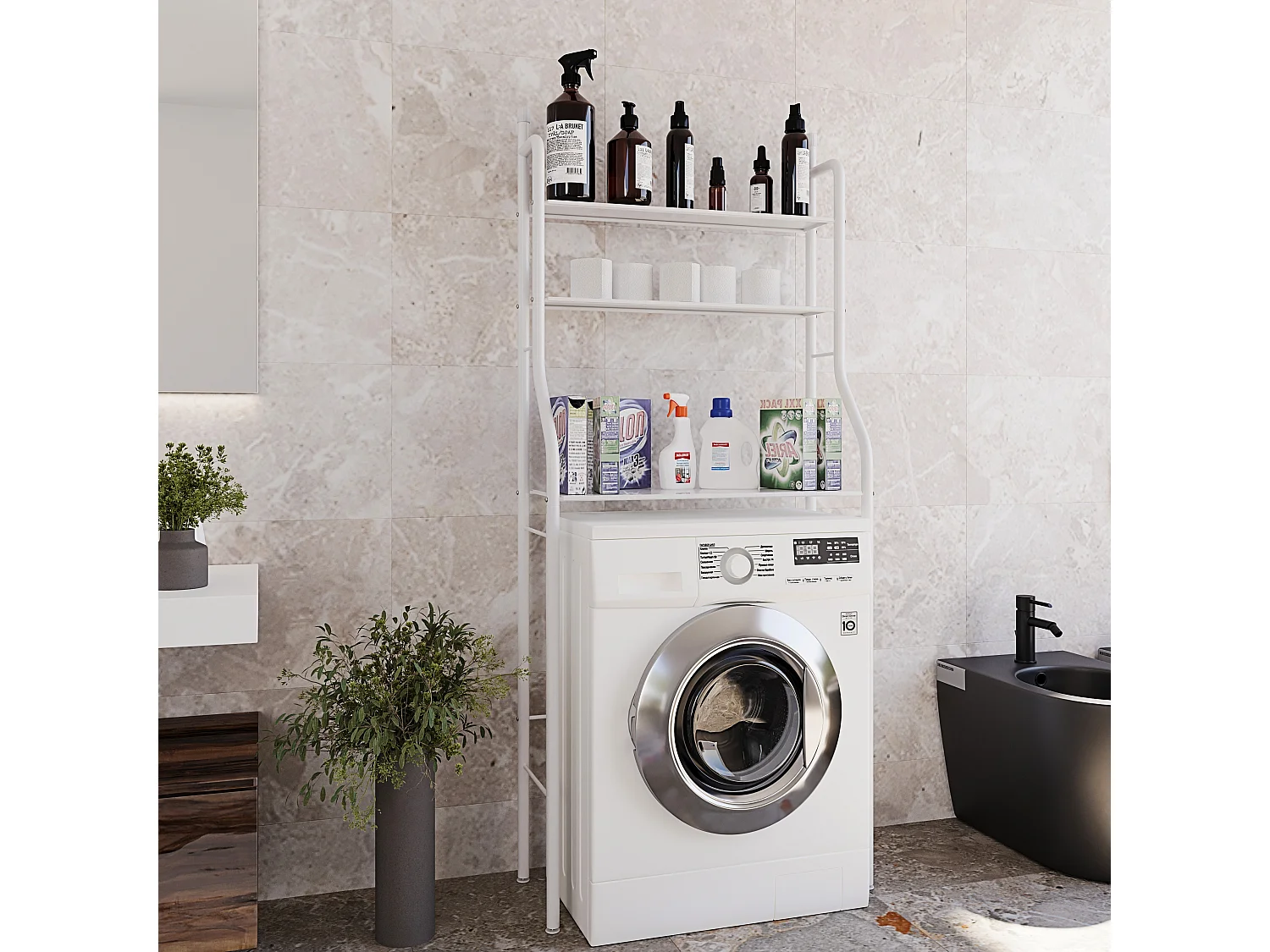 Scaffale Bagno 3 Mensole Ripiano Superiore Mobile Sopra Lavatrice Lavanderia Salvaspazio Ripiani Per Appoggio Organizer Da Parete In Metallo 152 x 65 x 25 Cm Bianco