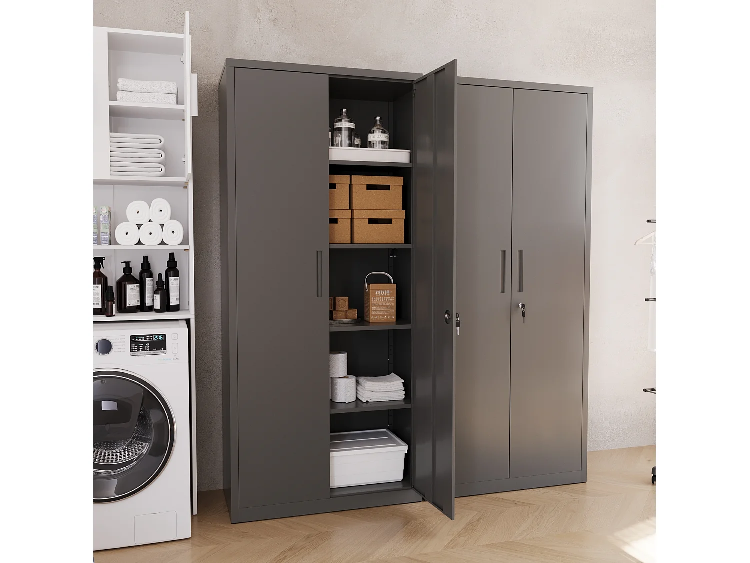 Armadio Armadietto In Metallo Multiuso A Doppia Anta Con 5 Ripiani Regolabili E Chiusura Con Doppia Chiave Mobiletto Strumenti Ufficio Garage 180 x 80 x 40 Cm Nero