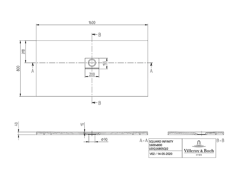 Receveur antidérapant 160 x 80 VILLEROY ET BOCH Squaro Infinity quaryl rectangle edelweiss