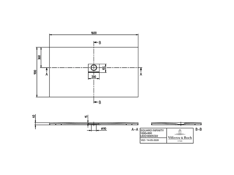 Receveur antidérapant 160 x 90 VILLEROY ET BOCH Squaro Infinity quaryl rectangle gris