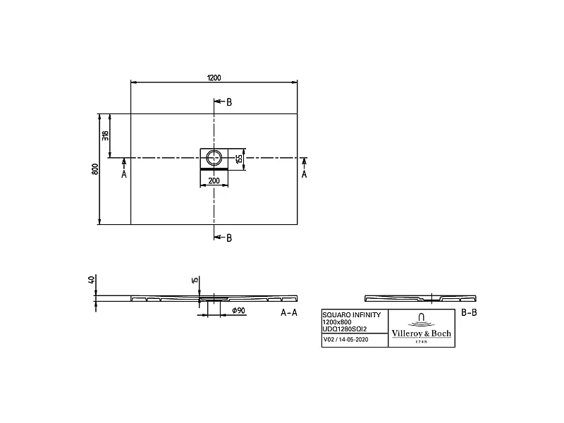 Receveur antidérapant 120 x 80 VILLEROY ET BOCH Squaro Infinity quaryl rectangle gris anthracite