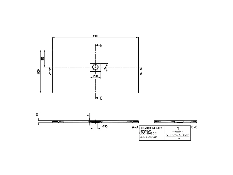 Receveur antidérapant 160 x 80 VILLEROY ET BOCH Squaro Infinity quaryl rectangle gris anthracite
