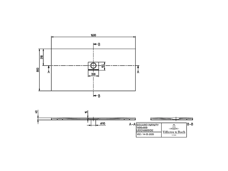 Receveur antidérapant 160 x 80 VILLEROY ET BOCH Squaro Infinity quaryl rectangle gris anthracite