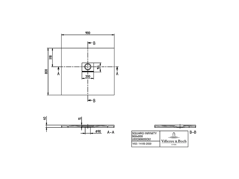 Receveur antidérapant 90 x 80 VILLEROY ET BOCH Squaro Infinity quaryl rectangle gris