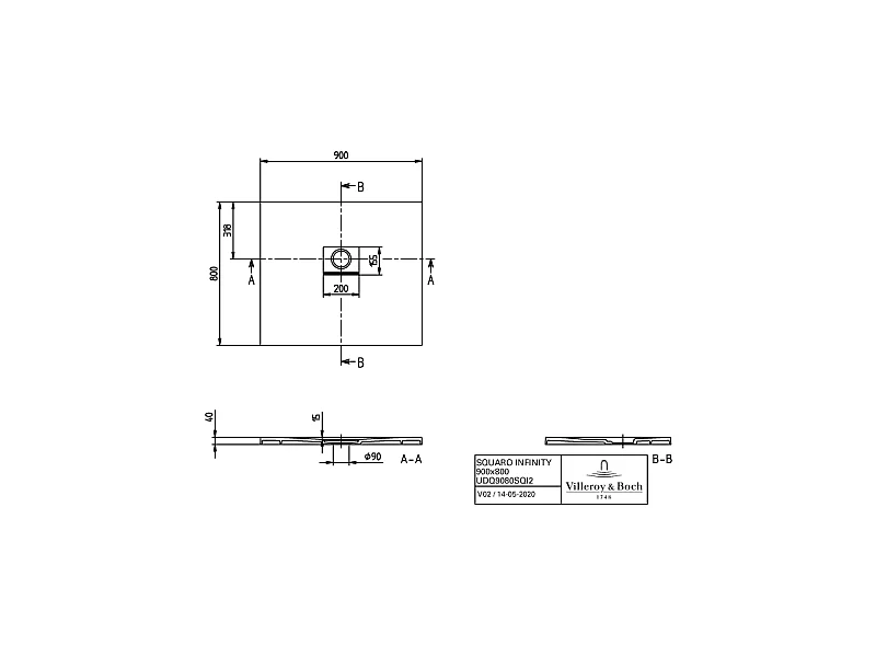 Receveur antidérapant 90 x 80 VILLEROY ET BOCH Squaro Infinity quaryl rectangle gris