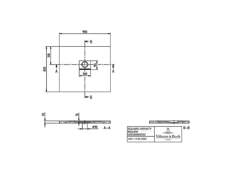 Receveur antidérapant 90 x 80 VILLEROY ET BOCH Squaro Infinity quaryl rectangle gris