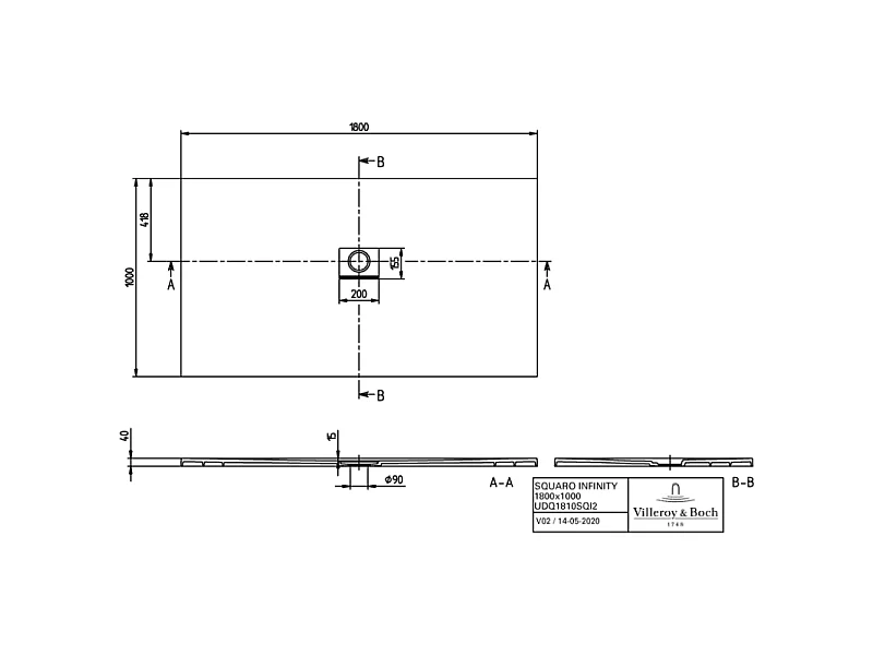 Receveur antidérapant 180 x 100 VILLEROY ET BOCH Squaro Infinity quaryl rectangle gris