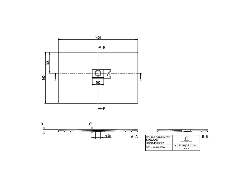 Receveur antidérapant 140 x 90 VILLEROY ET BOCH Squaro Infinity quaryl rectangle gris anthracite