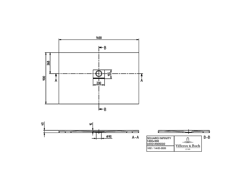 Receveur antidérapant 140 x 90 VILLEROY ET BOCH Squaro Infinity quaryl rectangle gris anthracite