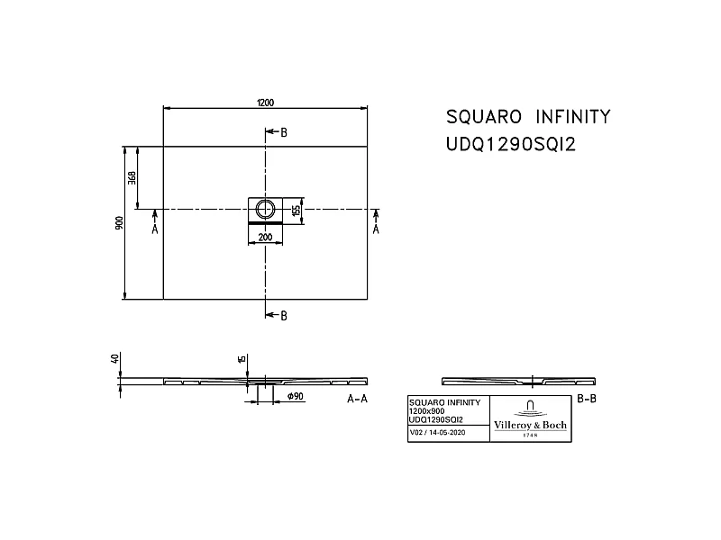 Receveur antidérapant 120 x 90 VILLEROY ET BOCH Squaro Infinity quaryl rectangle gris