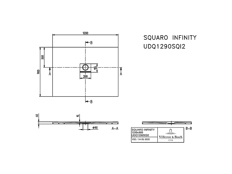 Receveur antidérapant 120 x 90 VILLEROY ET BOCH Squaro Infinity quaryl rectangle gris