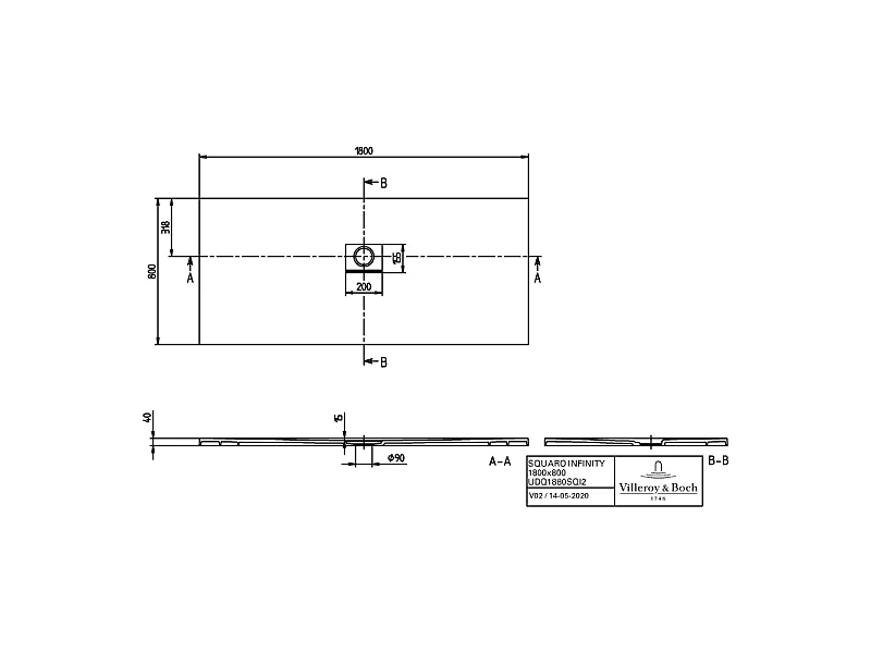 Receveur antidérapant 180 x 80 VILLEROY ET BOCH Squaro Infinity quaryl rectangle gris