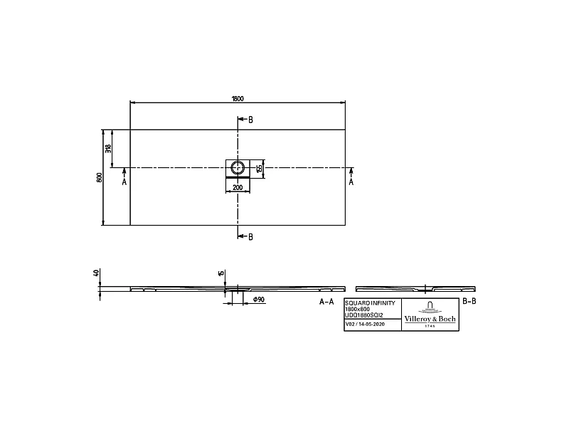 Receveur antidérapant 180 x 80 VILLEROY ET BOCH Squaro Infinity quaryl rectangle gris
