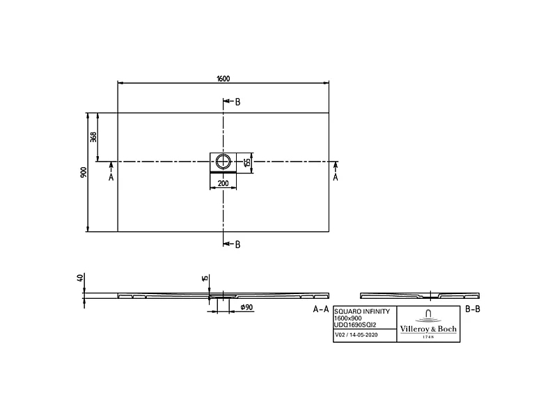 Receveur antidérapant 160 x 90 VILLEROY ET BOCH Squaro Infinity quaryl rectangle gris anthracite