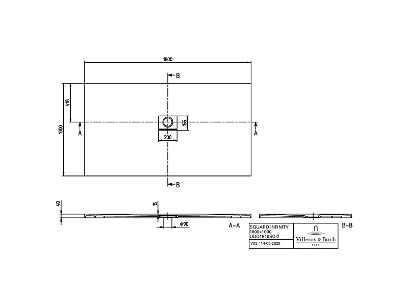 Receveur antidérapant 180 x 100 VILLEROY ET BOCH Squaro Infinity quaryl rectangle gris anthracite