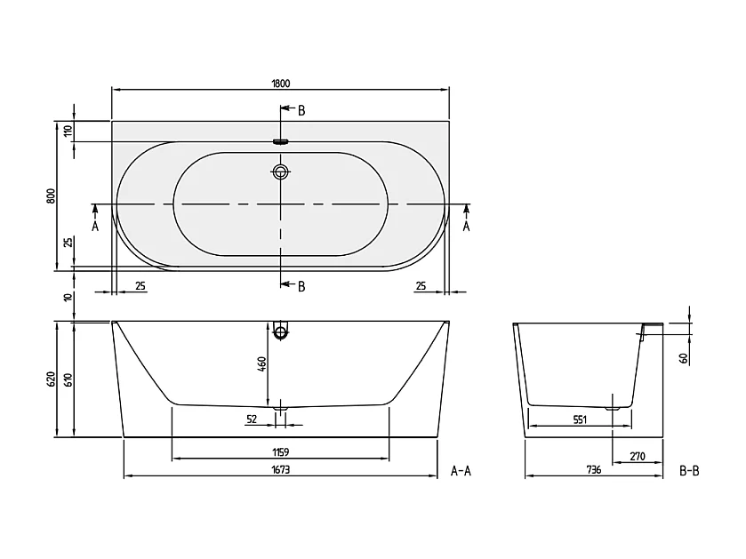 Baignoire îlot 180 x 80 VILLEROY & BOCH Oberon 2.0 blanc brillant