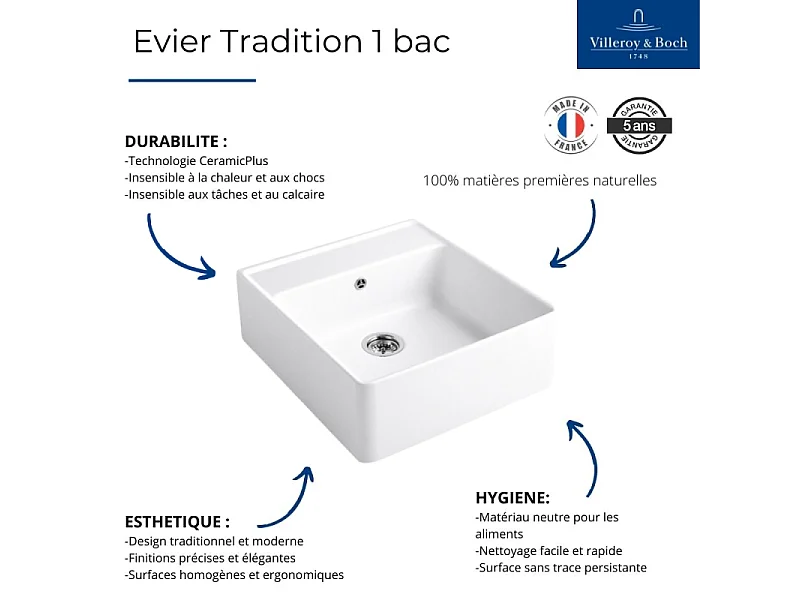 Evier timbre office VILLEROY ET BOCH Tradition Fossile CeramicPlus avec vidage automatique