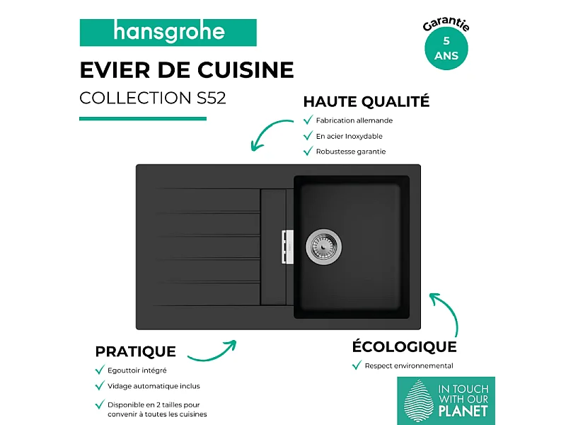 Evier 1 bac avec égouttoir 840 HANSGROHE S52 synthèse noir
