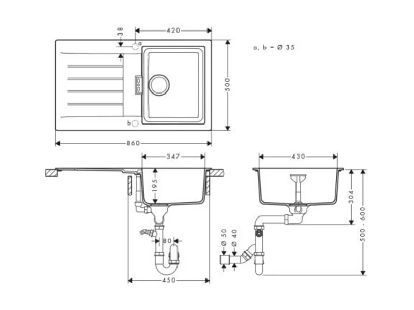 Evier 1 bac avec égouttoir 840 HANSGROHE S52 synthèse noir