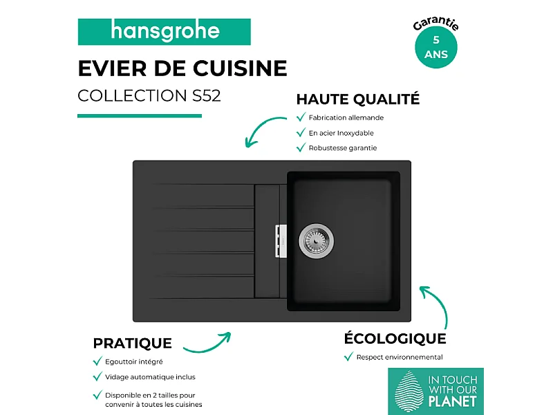 Evier 1 bac avec égouttoir 840 HANSGROHE S52 synthèse noir