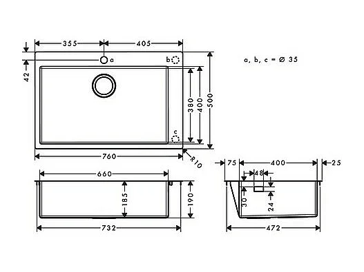 Evier à encastrer 1 bac HANSGROHE S71 660 sans vidage inox
