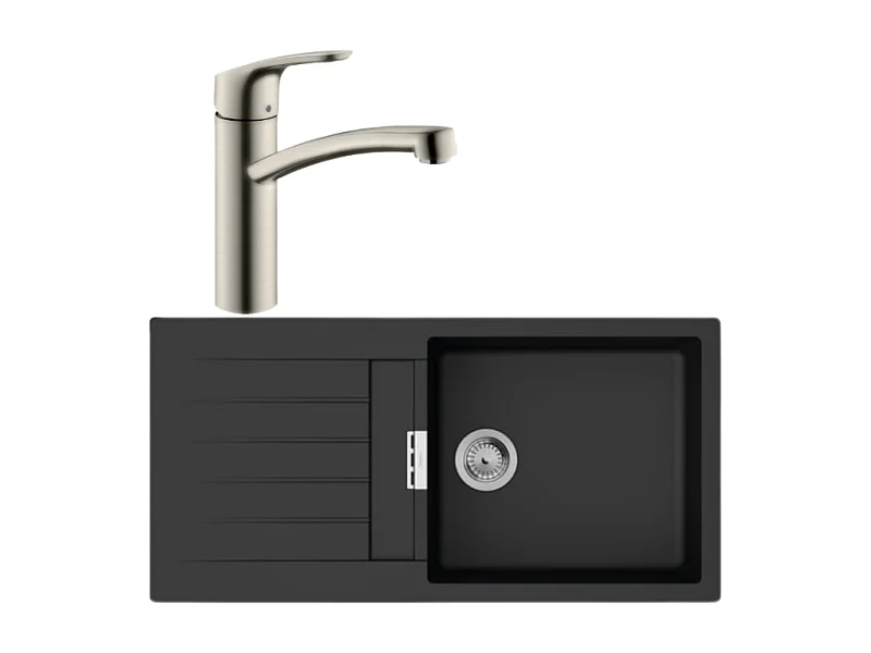 Evier 1 bac 840 HANSGROHE S52 synthèse noir + robinet de cuisine HANSGROHE Focus M41 160 aspect acier inox