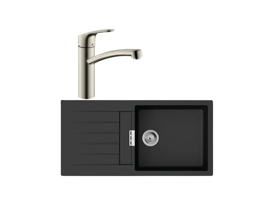 Evier 1 bac 840 HANSGROHE S52 synthèse noir + robinet de cuisine HANSGROHE Focus M41 160 aspect acier inox