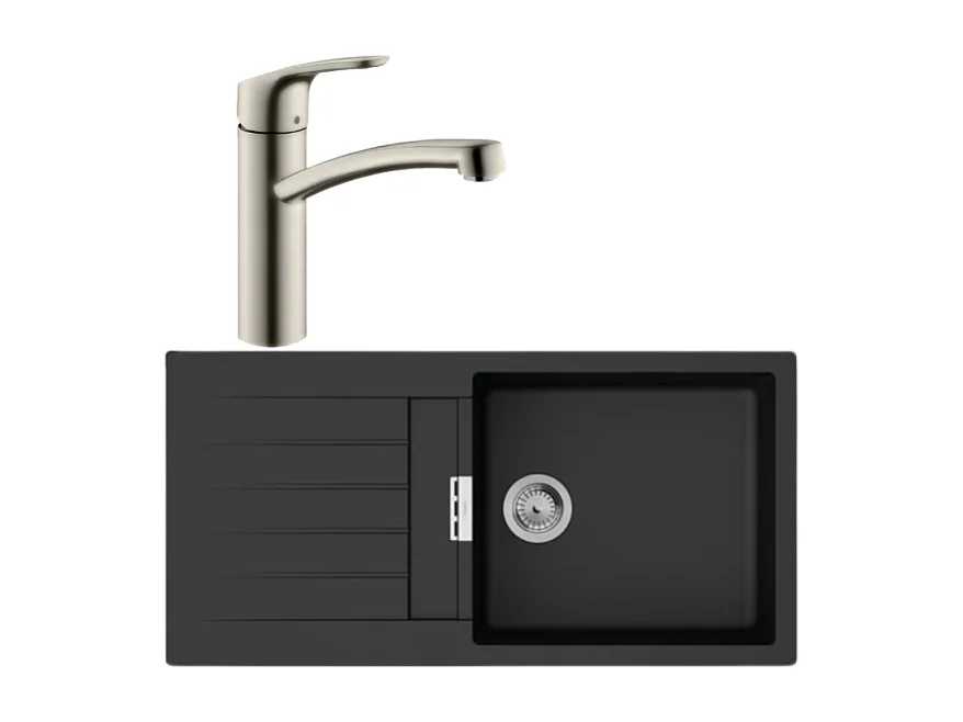 Evier 1 bac 840 HANSGROHE S52 synthèse noir + robinet de cuisine HANSGROHE Focus M41 160 aspect acier inox
