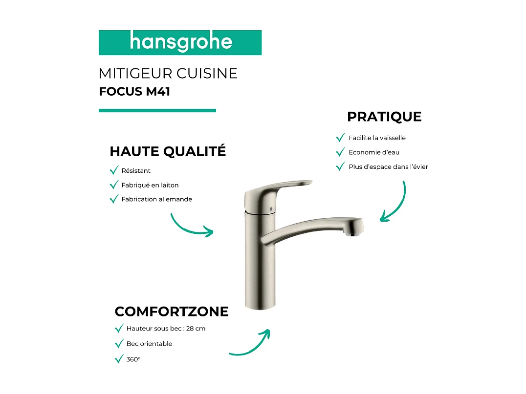 Evier 1 bac 840 HANSGROHE S52 synthèse noir + robinet de cuisine HANSGROHE Focus M41 160 aspect acier inox