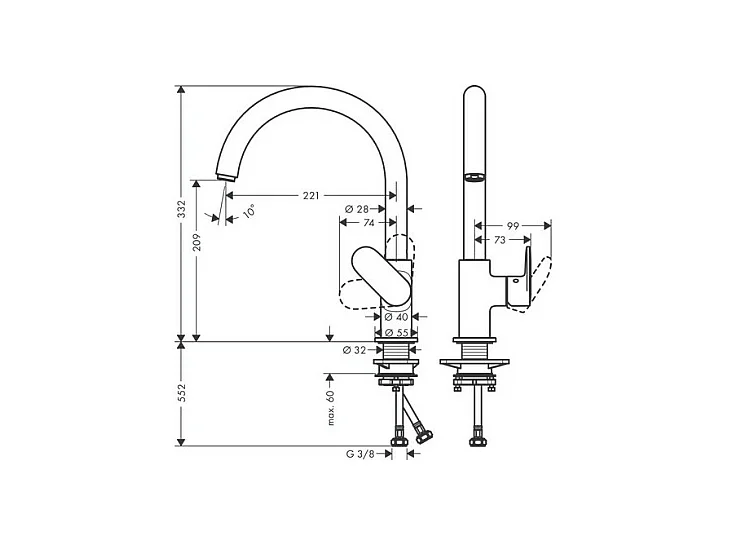 Evier 1 bac 840 HANSGROHE S52 synthèse noir + robinet de cuisine HANSGROHE Vernis Blend M35 210 chromé