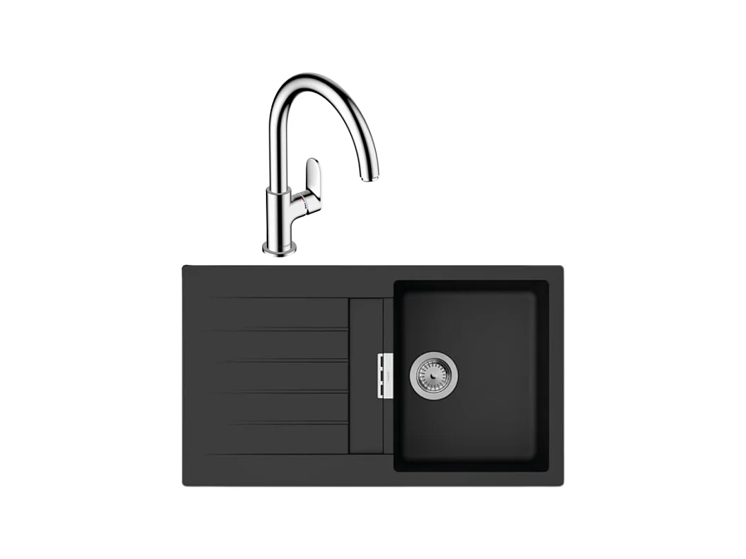 Evier 1 bac 840 HANSGROHE S52 synthèse noir + robinet de cuisine HANSGROHE Vernis Blend M35 210 chromé