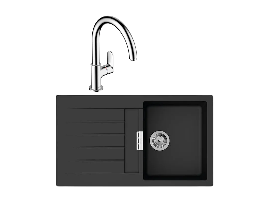Evier 1 bac 840 HANSGROHE S52 synthèse noir + robinet de cuisine HANSGROHE Vernis Blend M35 210 chromé