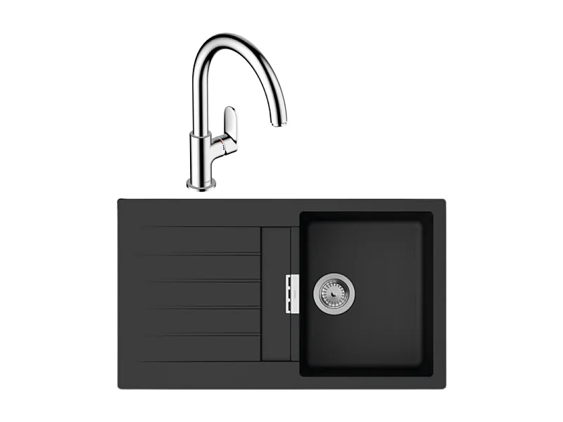 Evier 1 bac 840 HANSGROHE S52 synthèse noir + robinet de cuisine HANSGROHE Vernis Blend M35 210 chromé