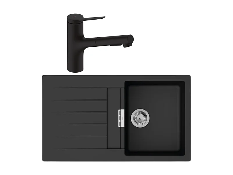 Evier 1 bac 840 HANSGROHE S52 synthèse noir + robinet de cuisine avec douchette HANSGROHE Zesis M33 150 2 jets noir mat