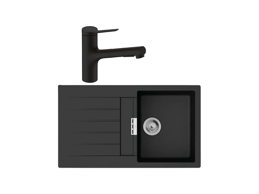 Evier 1 bac 840 HANSGROHE S52 synthèse noir + robinet de cuisine avec douchette HANSGROHE Zesis M33 150 2 jets noir mat