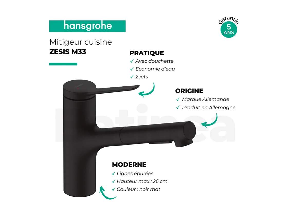 Evier 1 bac 840 HANSGROHE S52 synthèse noir + robinet de cuisine avec douchette HANSGROHE Zesis M33 150 2 jets noir mat