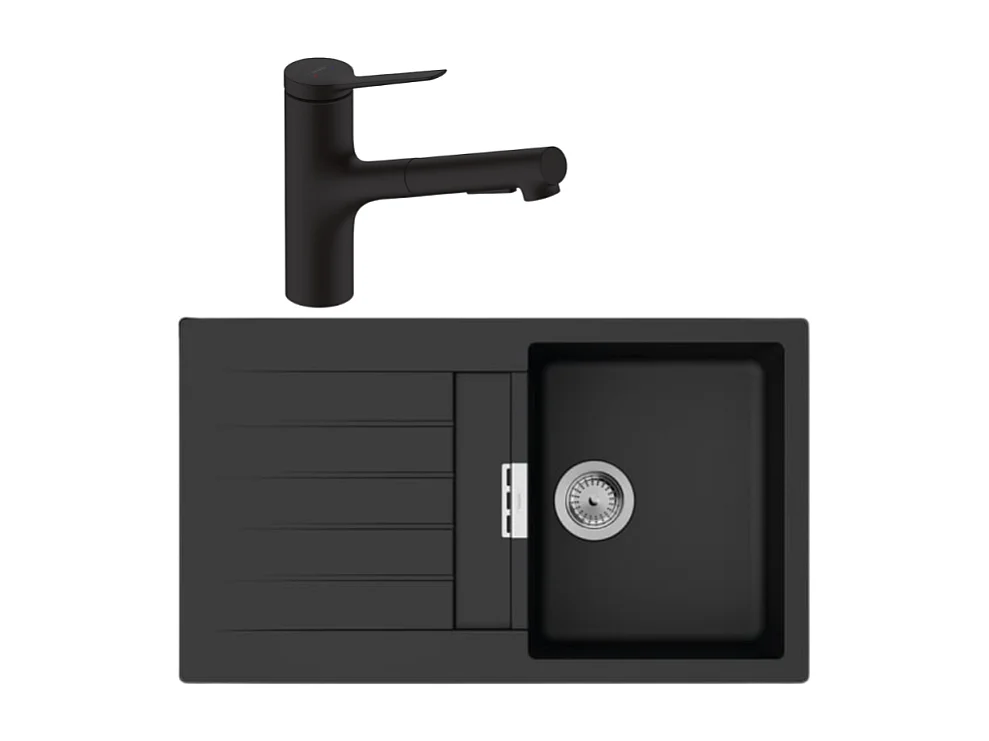 Evier 1 bac 840 HANSGROHE S52 synthèse noir + robinet de cuisine avec douchette HANSGROHE Zesis M33 150 2 jets noir mat
