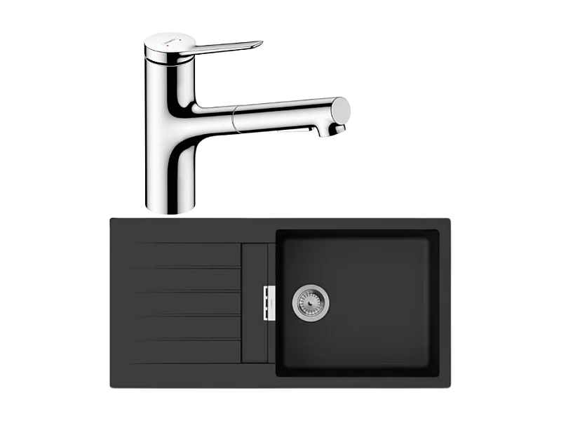 Evier 1 bac 980 HANSGROHE S52 synthèse noir + robinet de cuisine avec douchette HANSGROHE Zesis M33 150 2 jets chromé