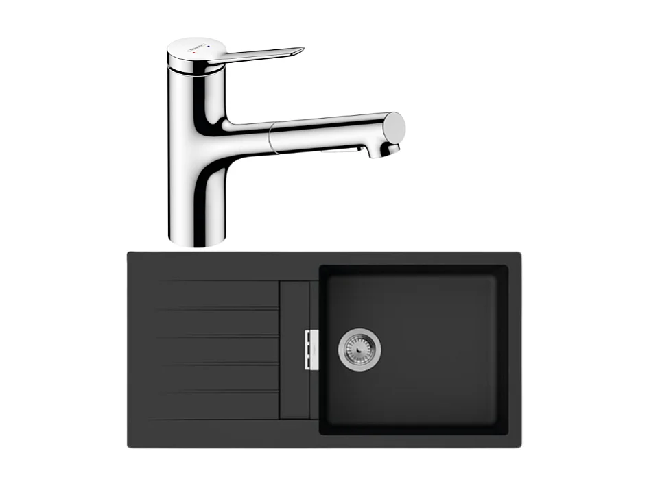 Evier 1 bac 980 HANSGROHE S52 synthèse noir + robinet de cuisine avec douchette HANSGROHE Zesis M33 150 2 jets chromé